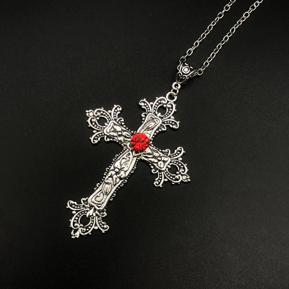 Large Detailed Cross Drill Pendant Jewel Necklace Silver Color Tone Gothic Punk Jewellery Fashion Charm Statement Women-Dollar Bargains Online Shopping Australia