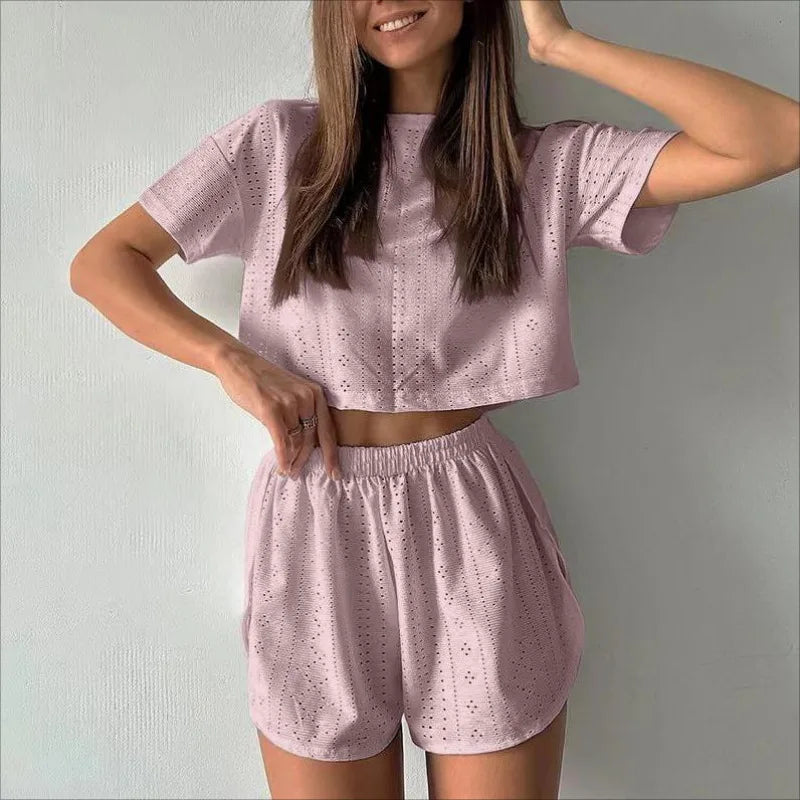 Women's Pajamas Set Spring Long Sleeve Tops With Shorts Sleepwear 2 Piece Set Loose Round Neck Home Wear Loungewear Pyjama Femme-Dollar Bargains Online Shopping Australia