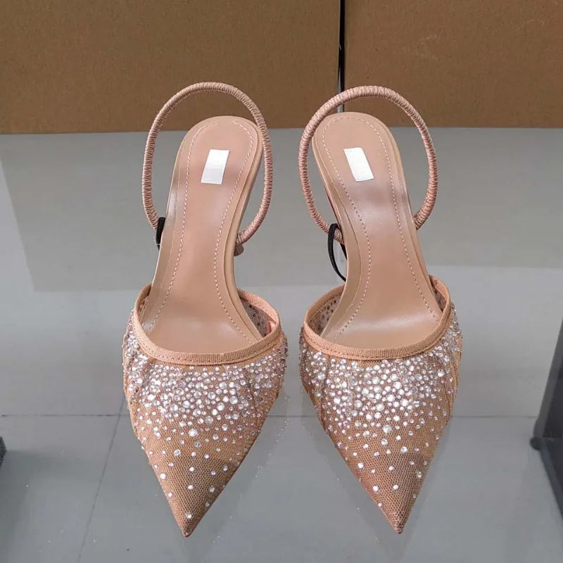 Women's Sandals Water Diamond Bright Mesh High Heels Footwear Elegant Slingback Pointed Slip on Party Lady Shoes-Dollar Bargains Online Shopping Australia