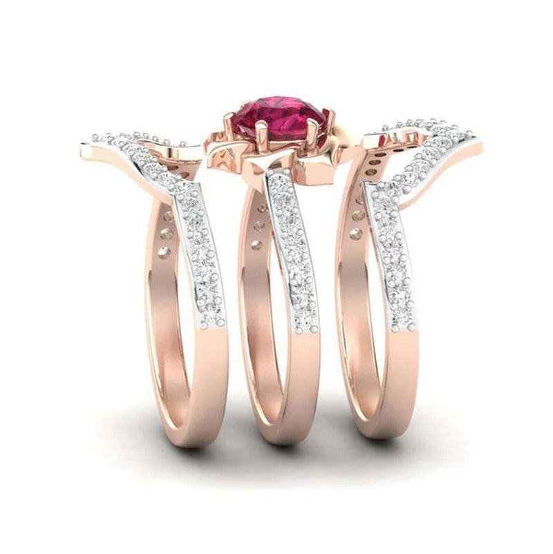 Dazzling Rose Gold Color Flower Ring for Women Delicate Metal Inlaid Red Zircon Stones Wedding Rings Set Engagement Jewelry-Dollar Bargains Online Shopping Australia