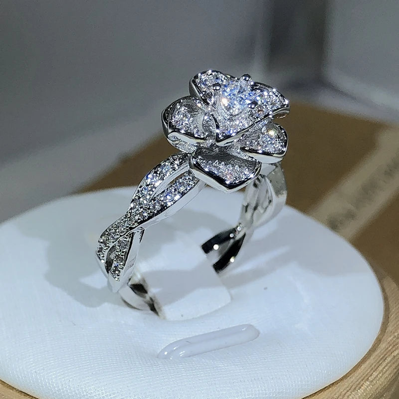 925 Sterling Silver InterTwined Three-Dimensional Rose Ring White Zircon Full Diamond Ring Ladies Temperament Elegant Jewelry-Dollar Bargains Online Shopping Australia