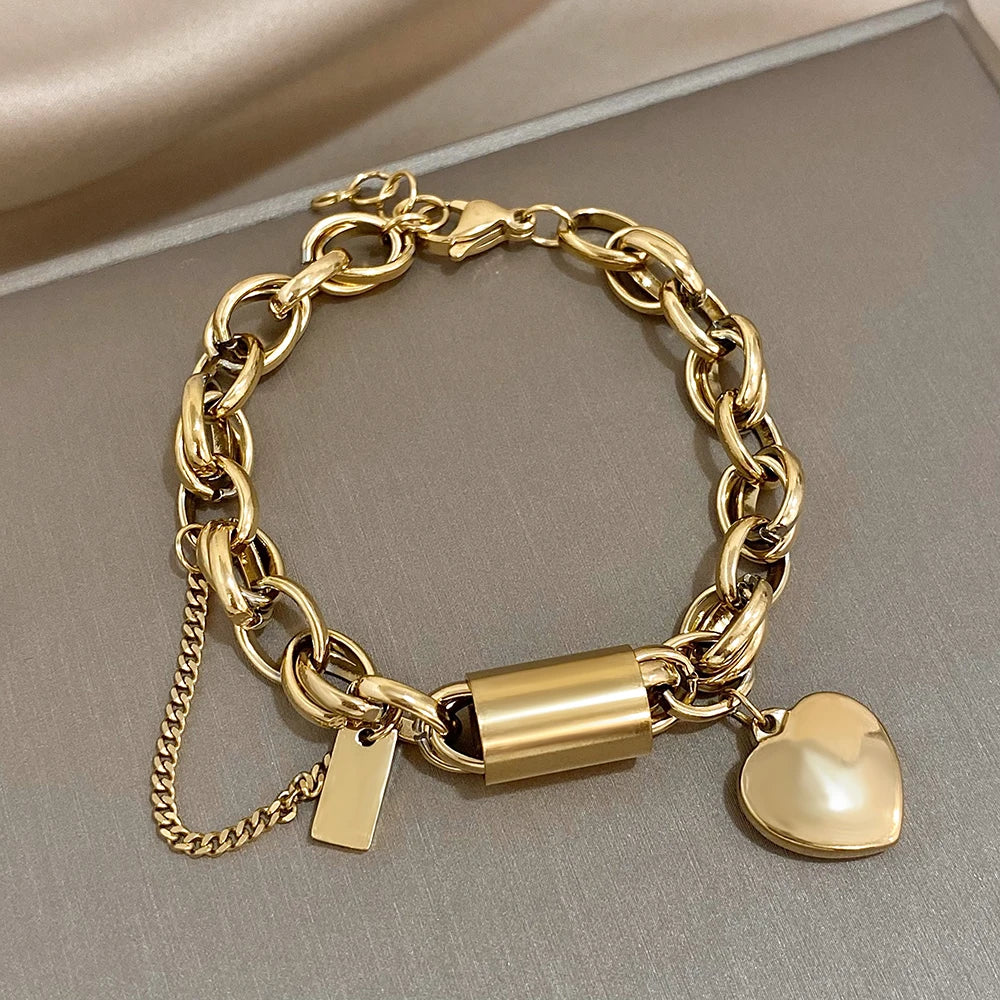 Heart Lock Stainless Steel Charm Bracelet Chunky Gold Plated Chain Love Bracelets Christmas Valentine Gift-Dollar Bargains Online Shopping Australia