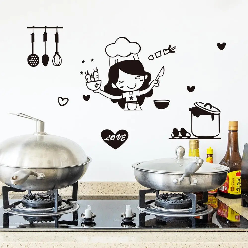 Happy Girl Chef Loves Cooking Wall Sticker Restaurant Bar Kitchen Dining Room Fridge Light Switch Decal DIY Art Home Decor-Dollar Bargains Online Shopping Australia