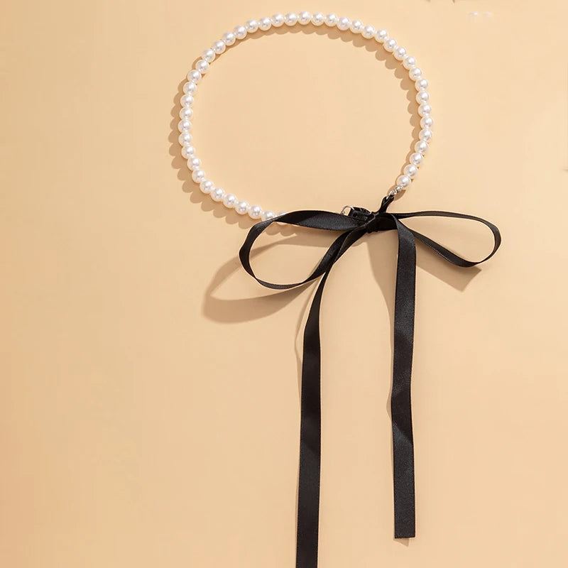 Wedding Party Jewelry Long Black Ribbon Choker Necklace For Women Elegant White Imitation Pearl Beach Vacation Necklaces-Dollar Bargains Online Shopping Australia