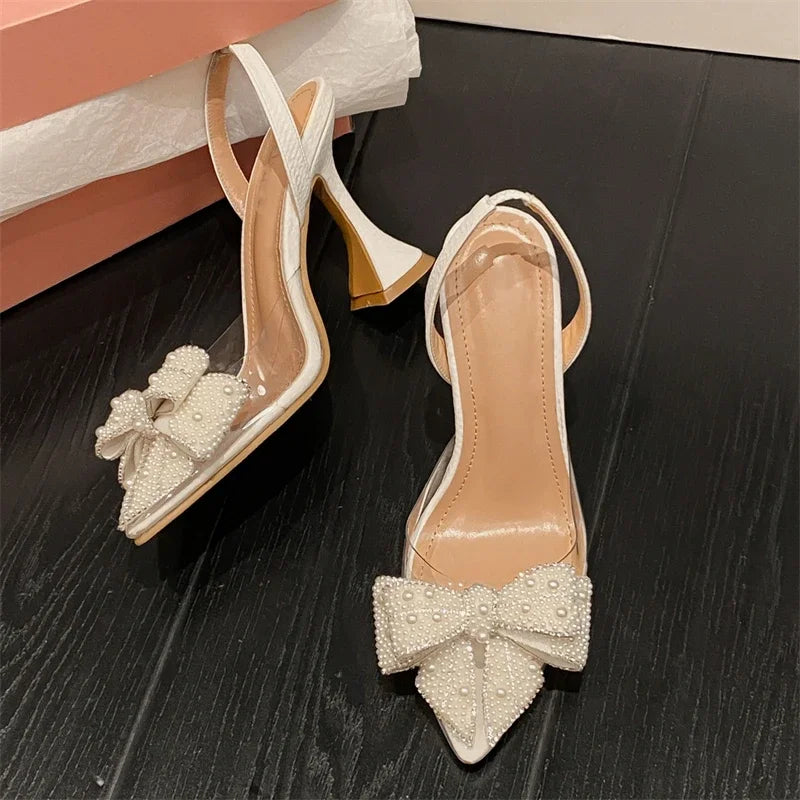 Butterfly-knot PVC Transparent String Bead Women Pumps Sandals Fashion Pointed Toe Party High Heels Mule Shoes-Dollar Bargains Online Shopping Australia