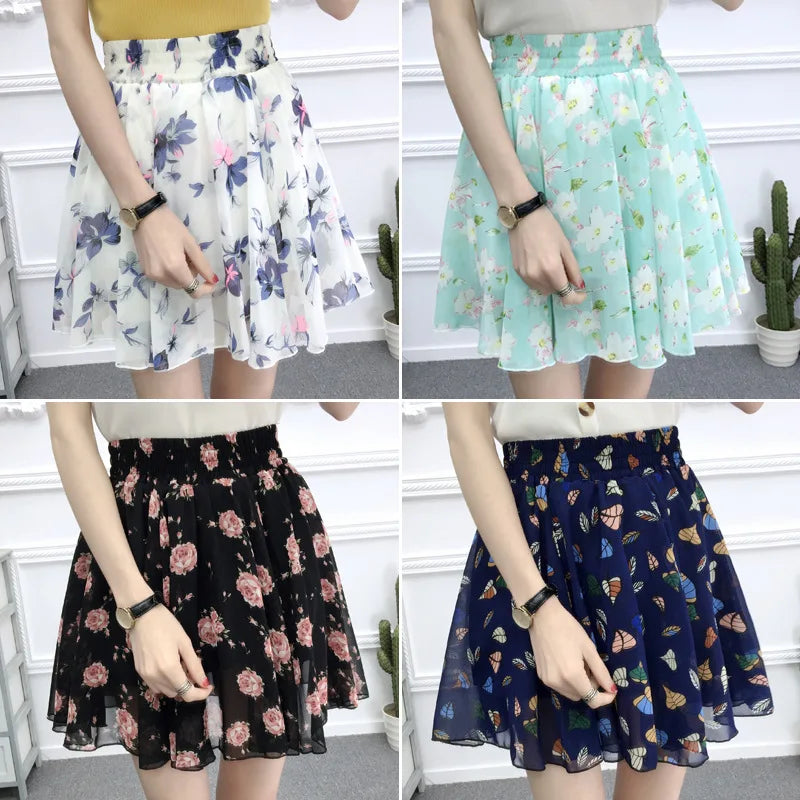 Women's skirt summer high waist printed chiffon pleated floral short skirt Safety one word floral mini skirt-Dollar Bargains Online Shopping Australia