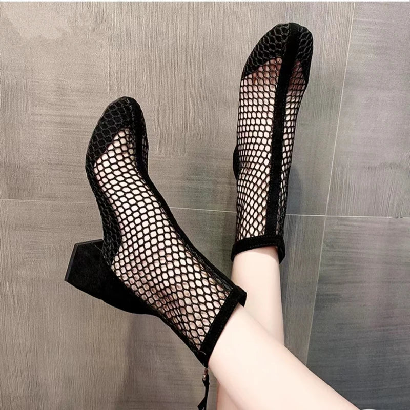 Fashionable Sports Sexy Mesh Hollow Boots Solid Color Square Thick Heel Summer Casual Sandals-Dollar Bargains Online Shopping Australia