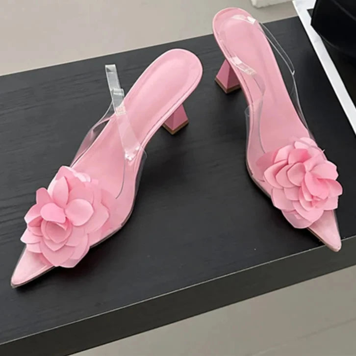 Women's Silk Flower Decorative Single Shoes Transparent PVC Pointed Slingbacks High Heels Party Dress-Dollar Bargains Online Shopping Australia