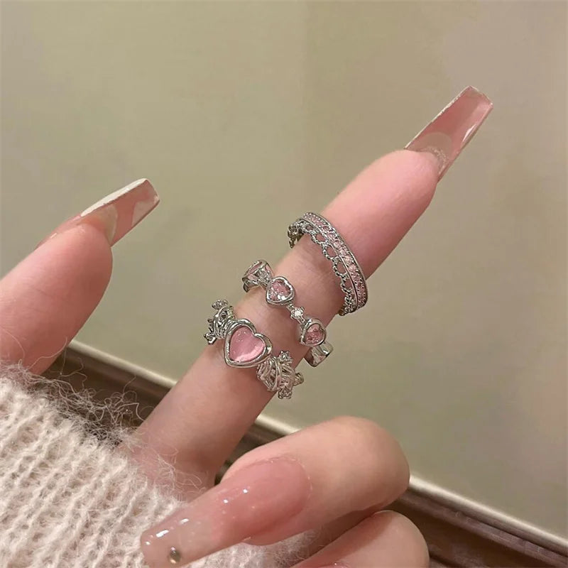 3pcs Fashion Love Heart Zircon Open Rings Set for Women Gothic Sweet Girls Geometric Finger Rings Y2K Party Jewelry Accessories-Dollar Bargains Online Shopping Australia