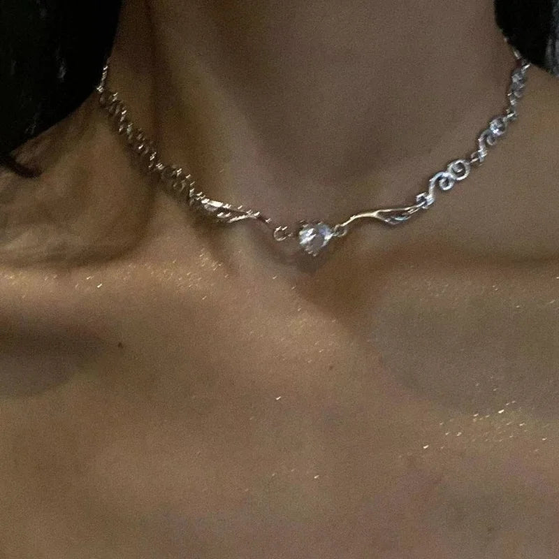 Y2K Silver Color Irregualr Choker Necklace for Women Girls Love Heart Crystal Clavicle Chain Necklace-Dollar Bargains Online Shopping Australia