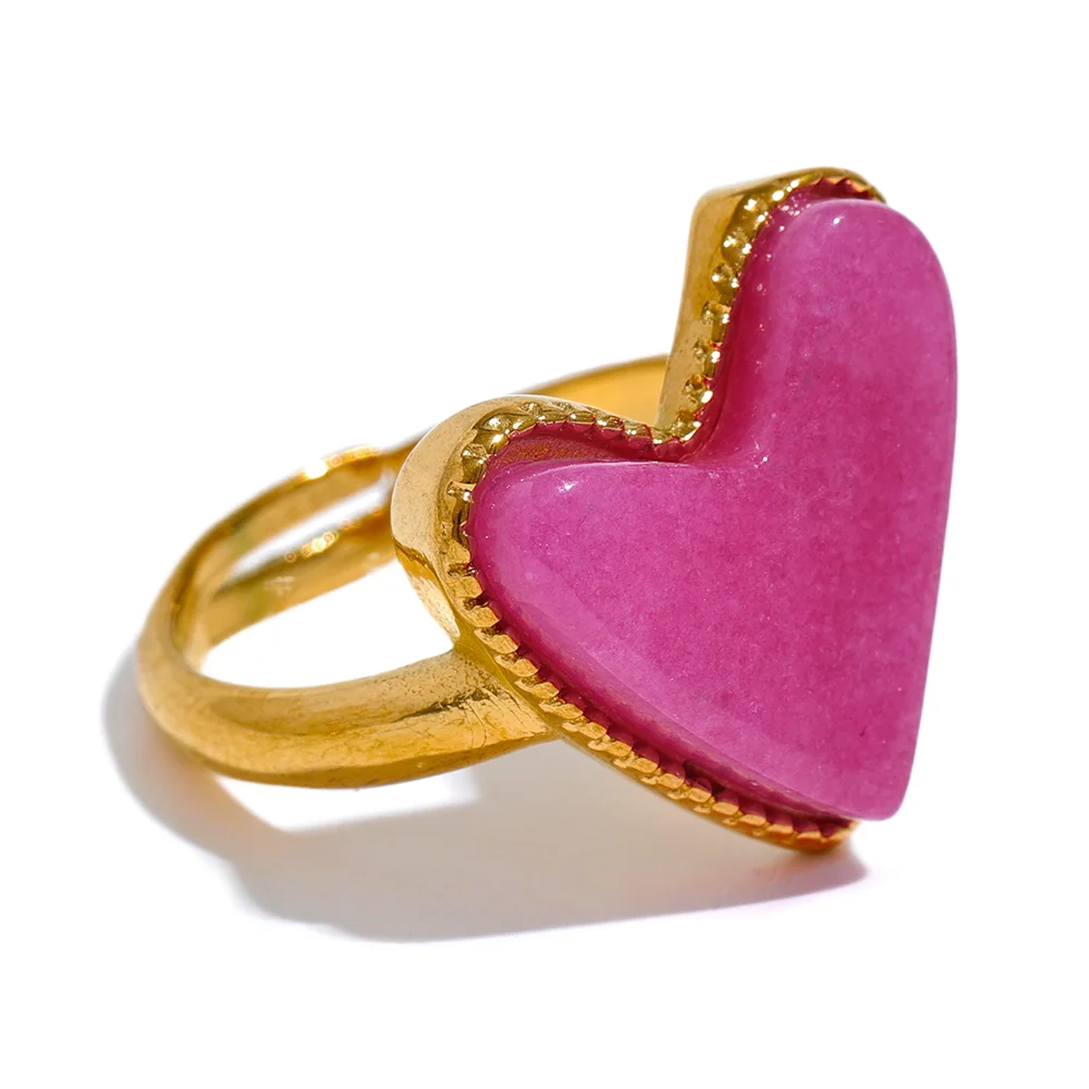 Candy Sweet Y2K Natural Stone Stainless Steel Heart Love Open Ring Adjustable Real Gold Plated Young Jewelry for Women-Dollar Bargains Online Shopping Australia