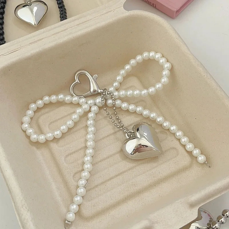 White Bowknot Heart Keychain Women Sweet Charm Pearl Bow Backpack Key Ring Handmade Jewelry Ornament Bags Pendants Gif-Dollar Bargains Online Shopping Australia