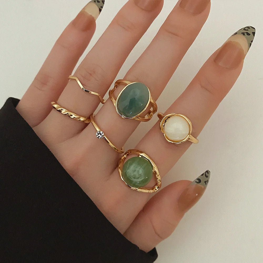 Elegant Emerald White Rings Set for Women Vintage Crystal Geometric Finger Ring Fashion Jewelry-Dollar Bargains Online Shopping Australia