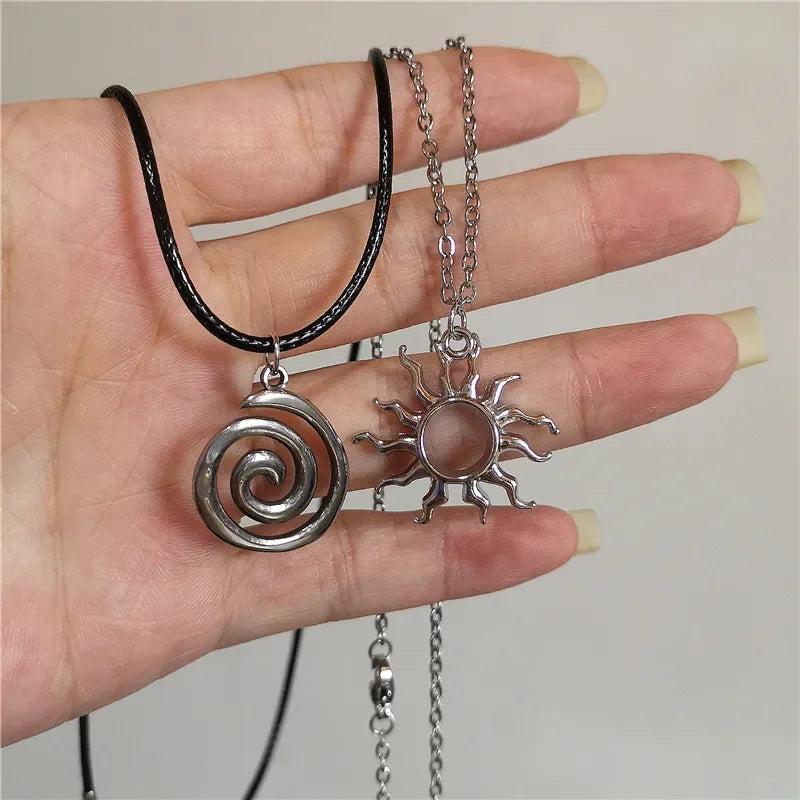 Vintage Goth 90s Silver Color Spiral Vortex Pendant Leather Rope Chain Necklace For Women Men Y2K Aesthetic Jewelry Accessories-Dollar Bargains Online Shopping Australia