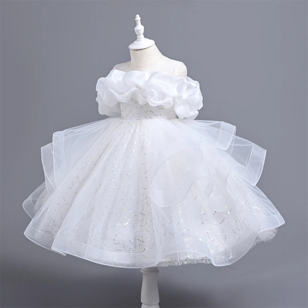 Birthday Princess Dress Elegant Flower Girl White Gown Kids Formal Evening Party Costume-Dollar Bargains Online Shopping Australia