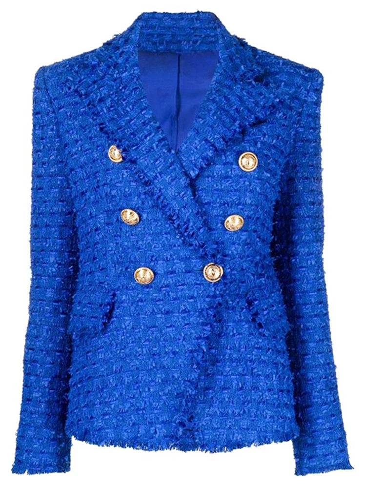 Womens Classic Slim Fitting Double Breasted Lion Buttons Fringed Tweed Blazer-Dollar Bargains Online Shopping Australia