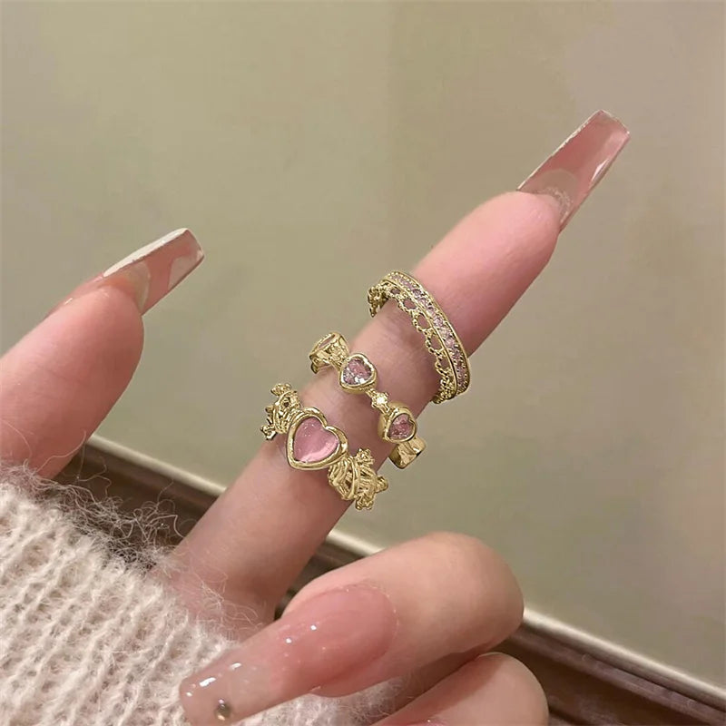 3pcs Fashion Love Heart Zircon Open Rings Set for Women Gothic Sweet Girls Geometric Finger Rings Y2K Party Jewelry Accessories-Dollar Bargains Online Shopping Australia