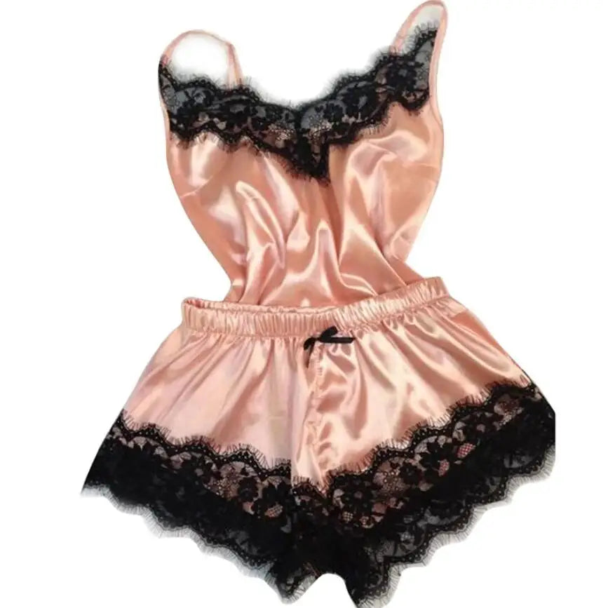 Women Bow Sleepwear Sleeveless Strap Nightwear Lace Trim Satin Cami Top Pajama Sets lingerie pyjamas women-Dollar Bargains Online Shopping Australia