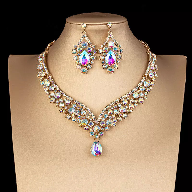 Luxury Crystal AB Color Choker Necklace Earrings Set Rhinestone Bridal Jewelry Sets for Bride Wedding Party Costume-Dollar Bargains Online Shopping Australia