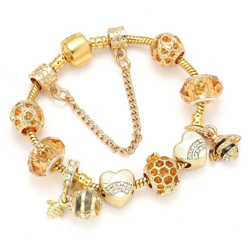 Luxury Crystal Bees Gold Color Charm Bracelet For Girl Murano Glass Beads Fine Bracelet For Women Couple DIY Jewelry Gift-Dollar Bargains Online Shopping Australia