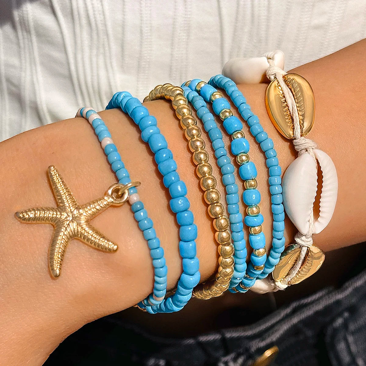 Bohemia Shell Starfish Bracelet Set Women Sand Beach Multilayer Bracelet Jewelry Party 7pcs/set-Dollar Bargains Online Shopping Australia