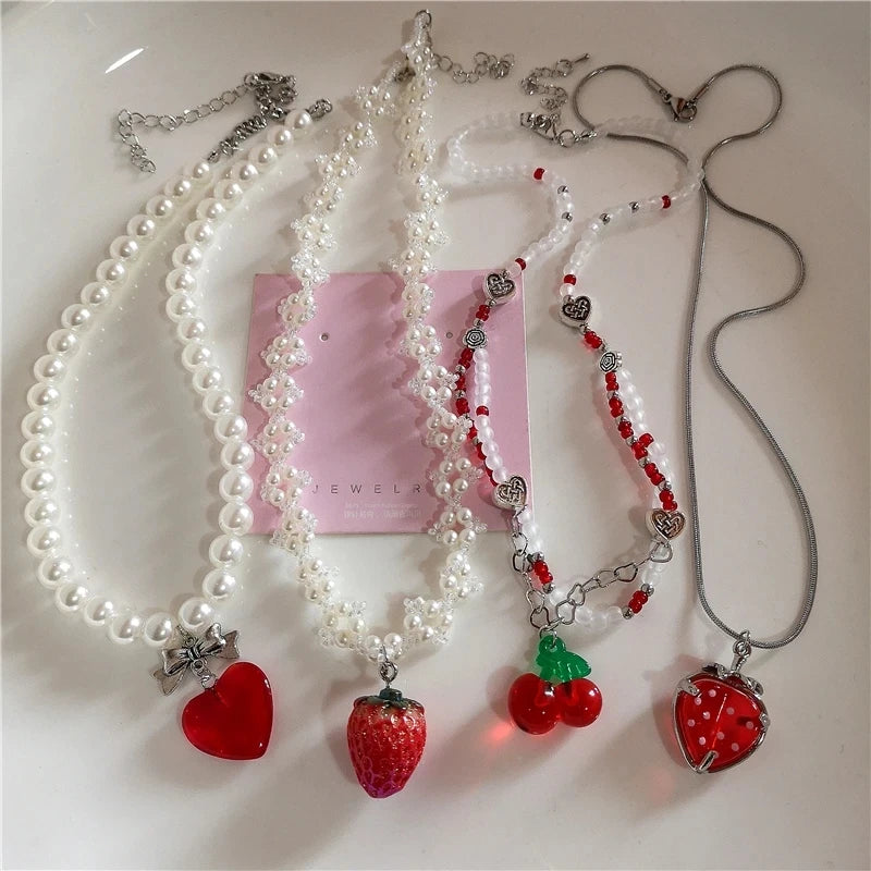 Y2K Strawberry Pendant Necklace Choker for Women Children Jewelry Imitation Pearl Neck Clavicle Chain Cute Accessories New-Dollar Bargains Online Shopping Australia