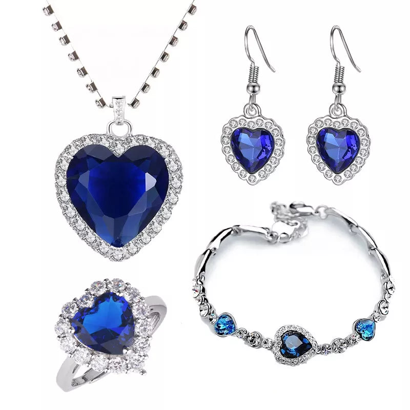 4Pcs/set Titanic Heart of Ocean Necklaces for Women Love Heart Blue Crystal Zircon Jewelry Sets Female Wedding Party Jewelry-Dollar Bargains Online Shopping Australia