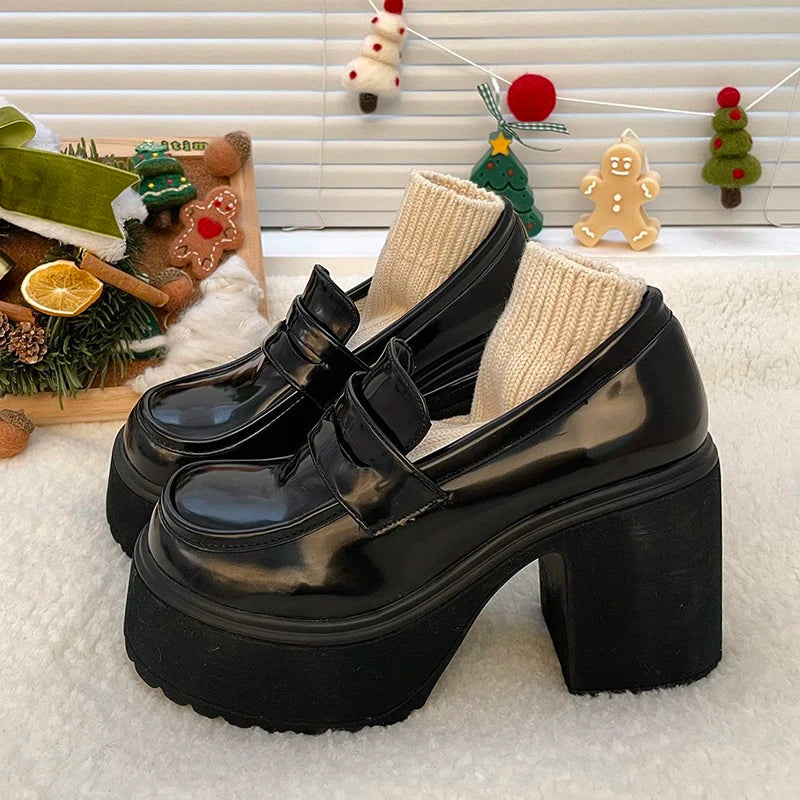 Super High Heels Loafers Women 2024 Spring Patent Leather Chunky Platform Pumps Woman Slip On Black Jk Uniform Shoes Mary Janes-Dollar Bargains Online Shopping Australia