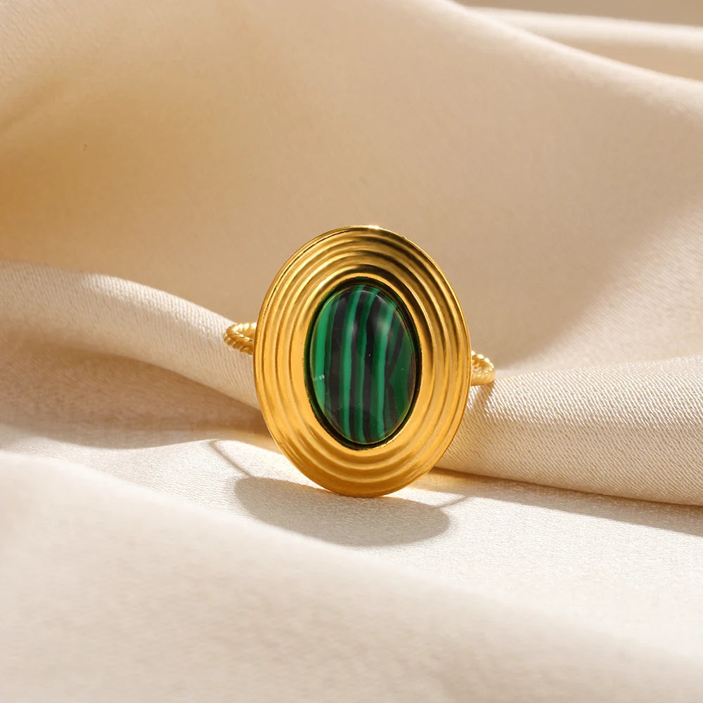 Stainless Steel Green Natural Stone Rings For Women Vintage Trend Punk Jewelry 18K Gold Color Opening Ring Christmas Gift New-Dollar Bargains Online Shopping Australia