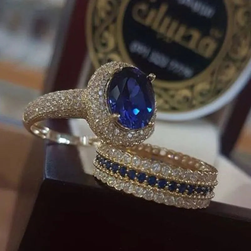 2pcs/set Fashion Gold Color Hip Hop Ring for Women Exquisite Inlaid Zircon Blue Crystal Wedding Rings Bridal Engagement Jewelry-Dollar Bargains Online Shopping Australia