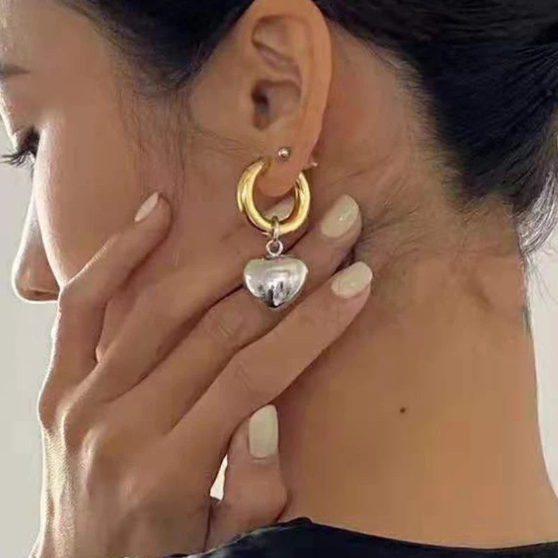 Statement Minimalist Gold Silver Color Mixed Solid Heart Pendant Hoop Earrings Street Style Korean Fashion Jewelry-Dollar Bargains Online Shopping Australia