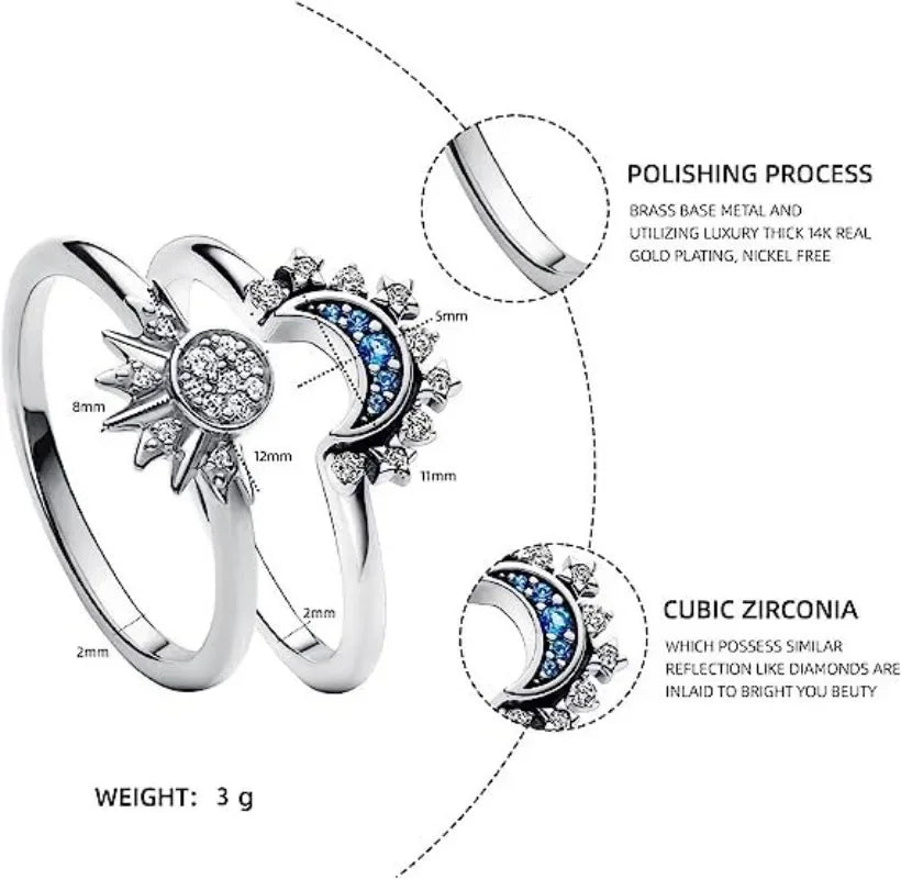 2pc/set Summer Couple Ring Set Sky Blue Sparkling Moon and Sun Ring Stackable-Dollar Bargains Online Shopping Australia