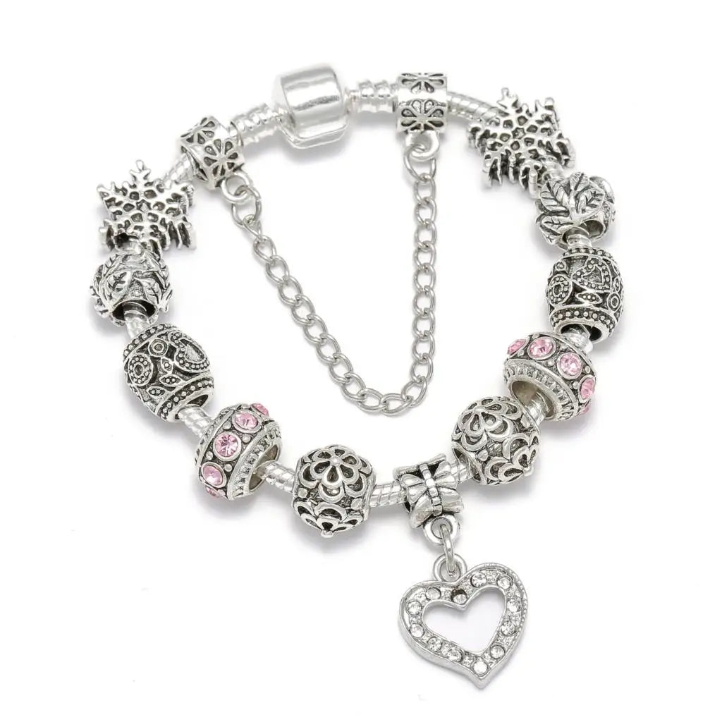 Buipoey Silver Plated Heart Key Pendant Charm Bracelets For Women Original Girls Princess Crown Beaded Bracelet Wife Jewelry-Dollar Bargains Online Shopping Australia