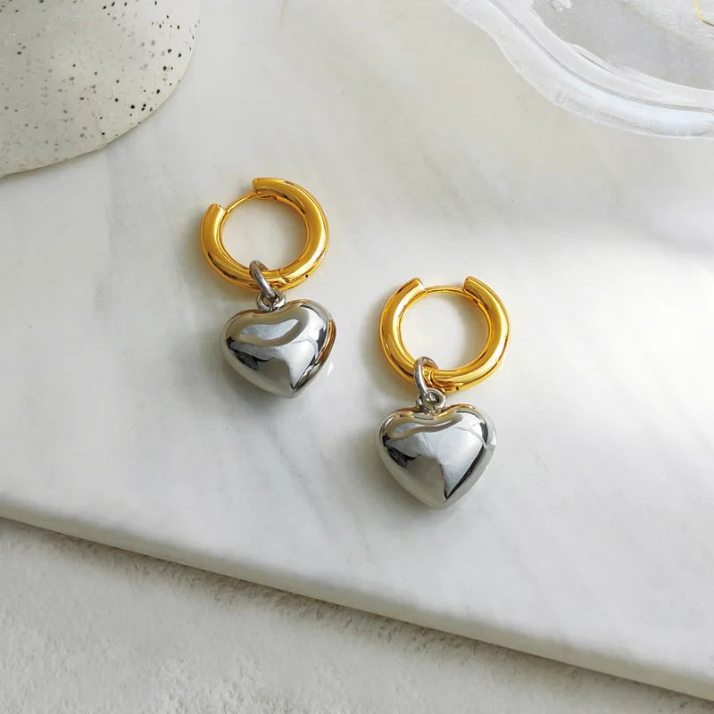 Statement Minimalist Gold Silver Color Mixed Solid Heart Pendant Hoop Earrings Street Style Korean Fashion Jewelry-Dollar Bargains Online Shopping Australia