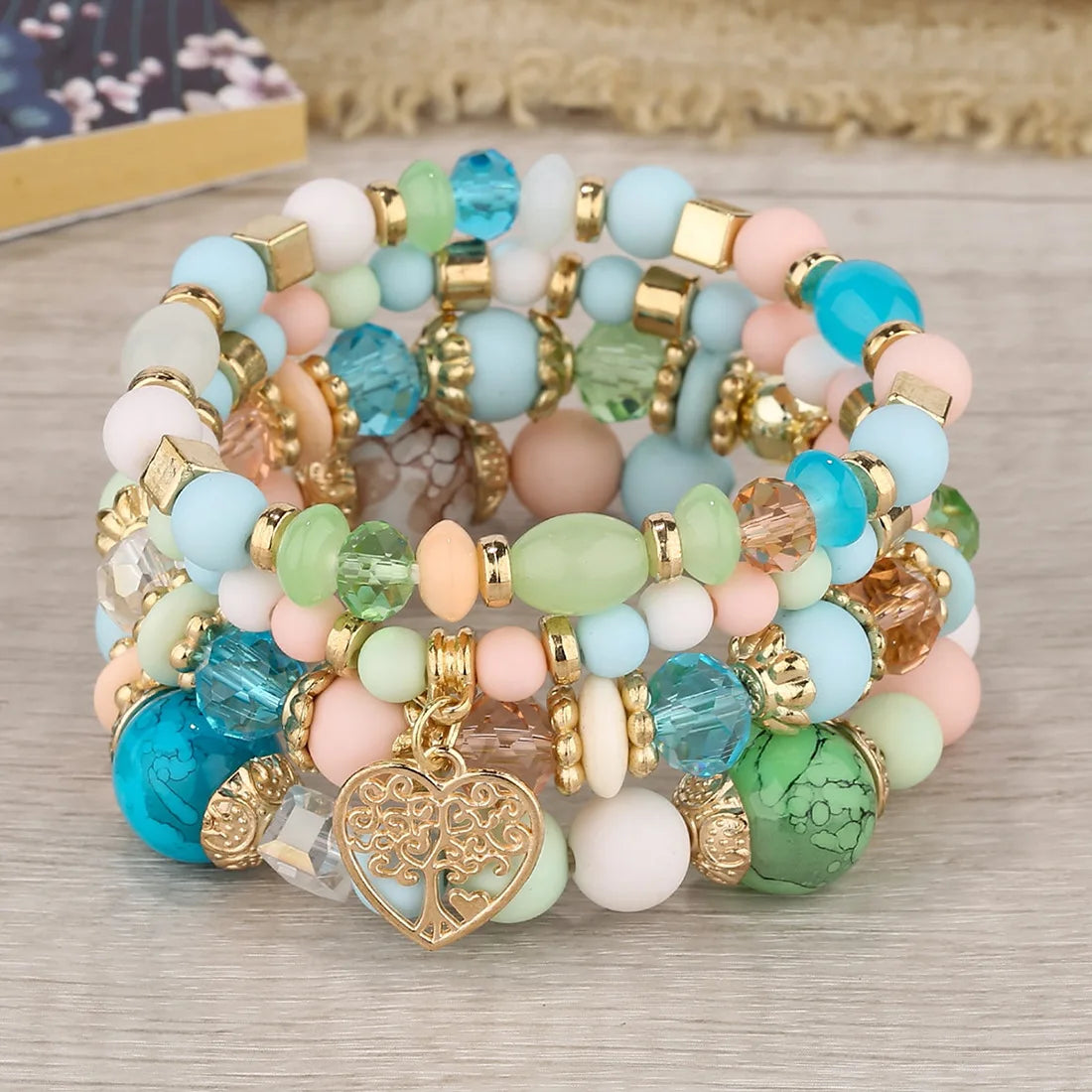 Bohemian Pink Crystal Beads Heart Charm Bracelets Women Girls Ethnic Tree Of Life Charm Wrap Bracelet-Dollar Bargains Online Shopping Australia