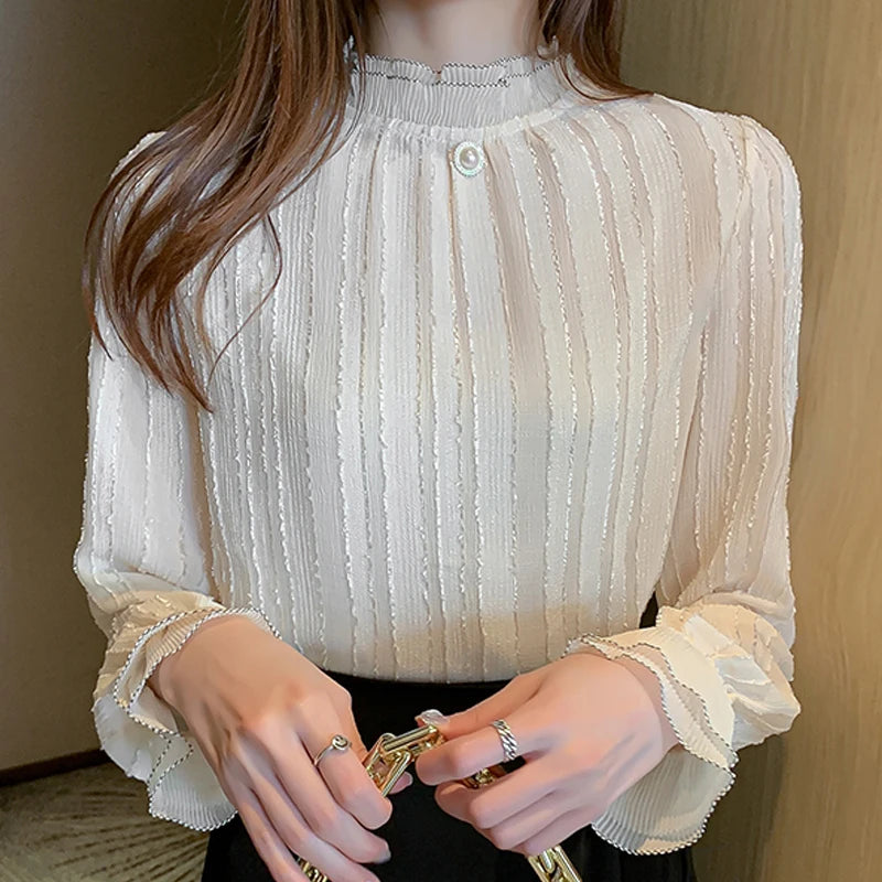 Women Stand Collar Lace Chiffon Blouse Shirt Tops Long Sleeve Blouse Women-Dollar Bargains Online Shopping Australia