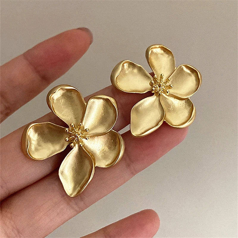 Gold Color Matte Texture Metal Flower Retro Earrings for Women Girls Fashion Party Jewelry-Dollar Bargains Online Shopping Australia