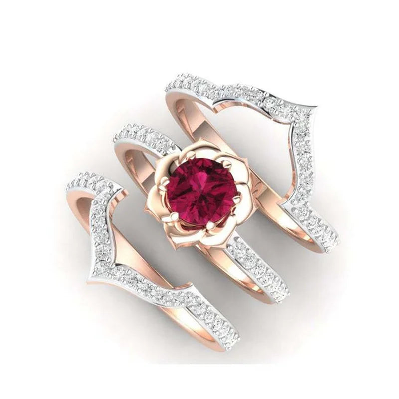 Dazzling Rose Gold Color Flower Ring for Women Delicate Metal Inlaid Red Zircon Stones Wedding Rings Set Engagement Jewelry-Dollar Bargains Online Shopping Australia