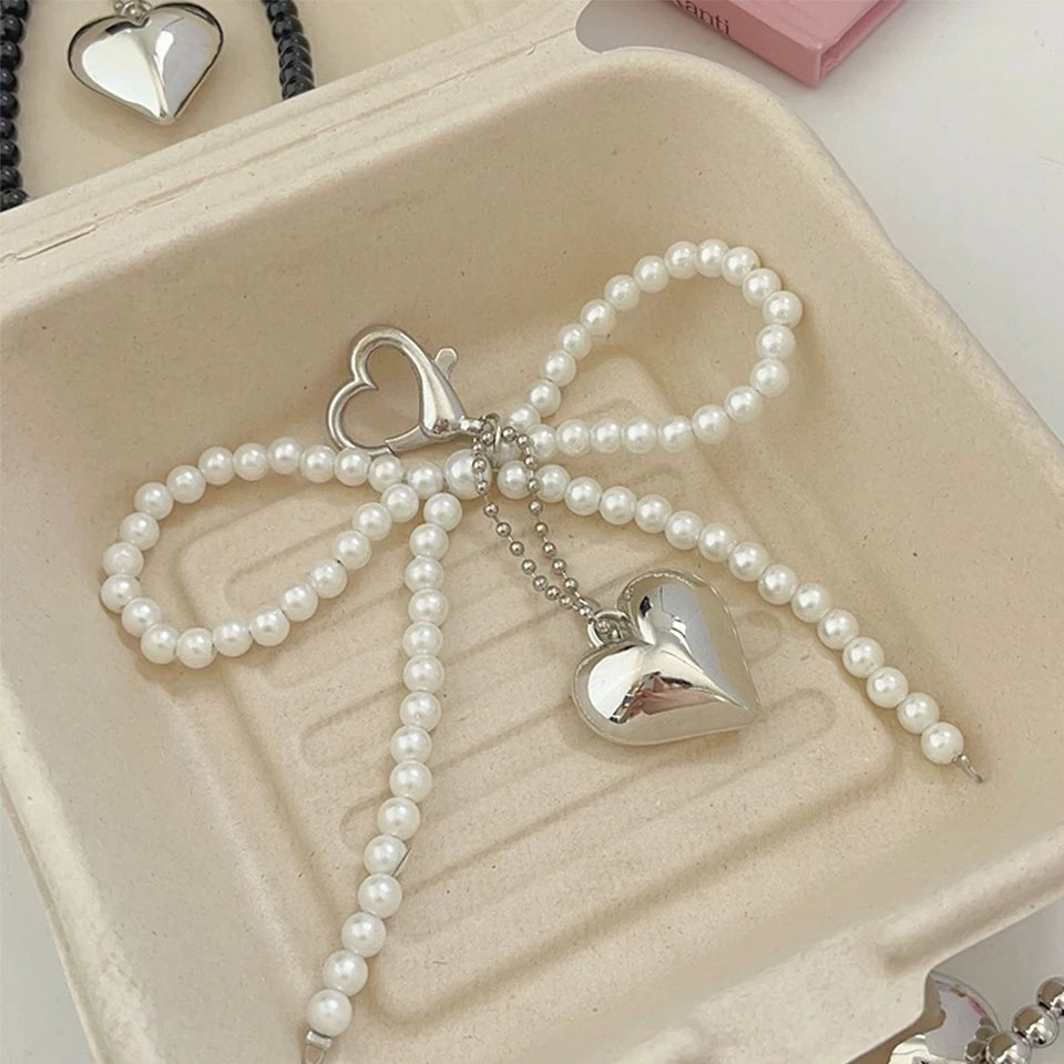 White Bowknot Heart Keychain Women Sweet Charm Pearl Bow Backpack Key Ring Handmade Jewelry Ornament Bags Pendants Gif-Dollar Bargains Online Shopping Australia