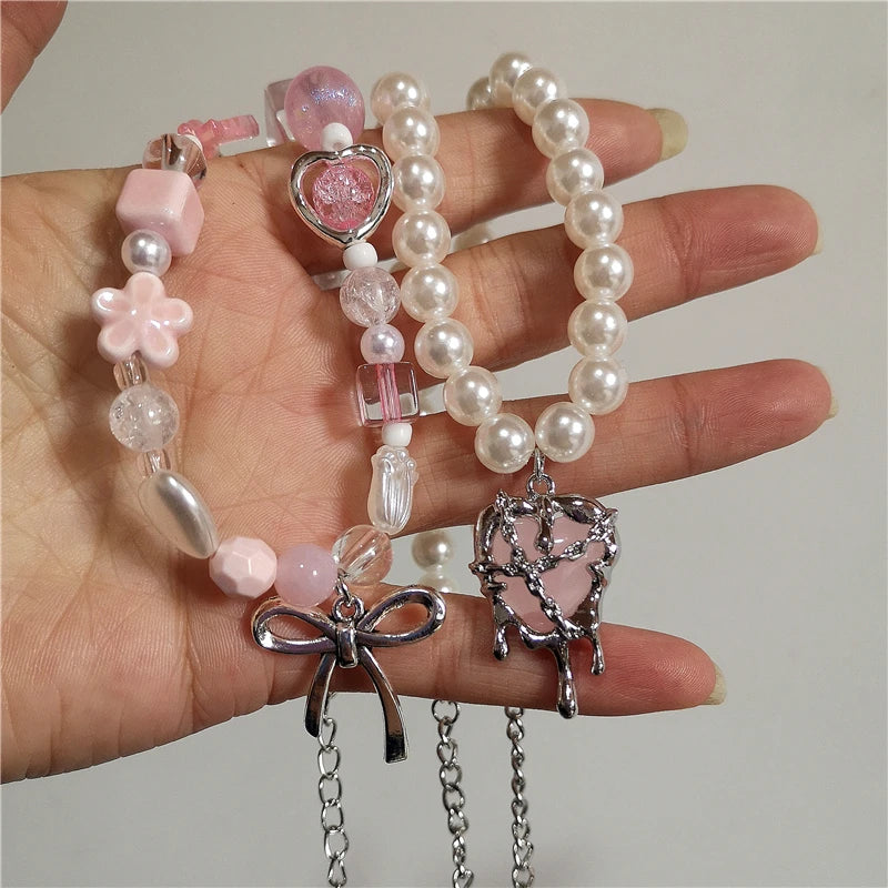 Kpop Goth Y2K Cute Pink Ribbon Bowknot Heart Pendant Pearl Beads Choker Necklace Girl Charm EMO 2000s Lolita Jewelry Accessories-Dollar Bargains Online Shopping Australia