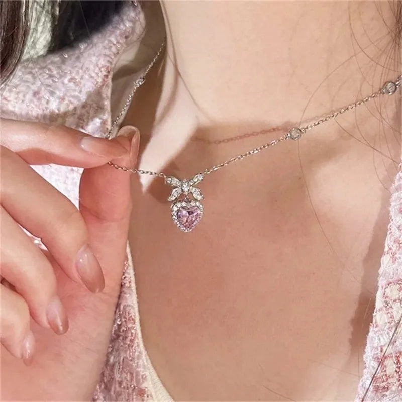 Shiny Y2K Pink Heart Necklace for Women Sweet Cool Teens Kpop Bowknot Rhinestone Delicated Clavicle Chain Choker Party Jewelry-Dollar Bargains Online Shopping Australia