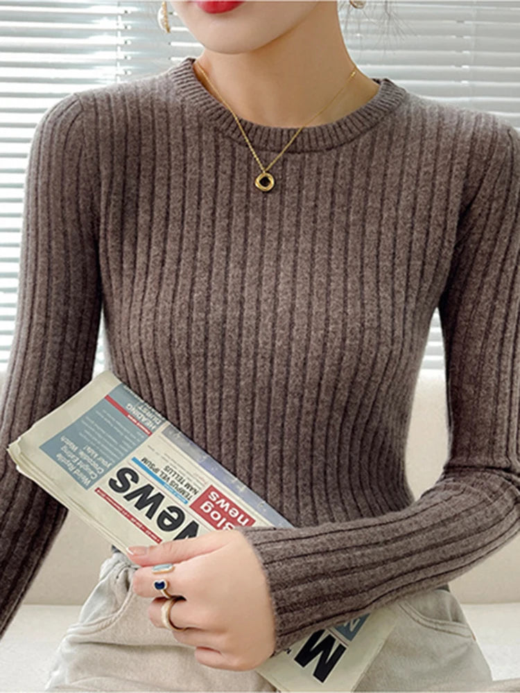 Fashion Ribbed Women Sweater Knitted Soft Pullovers Jumpers Basic Solid Soft Long Sleeve Sweaters For Women Autumn Winter Tops-Dollar Bargains Online Shopping Australia