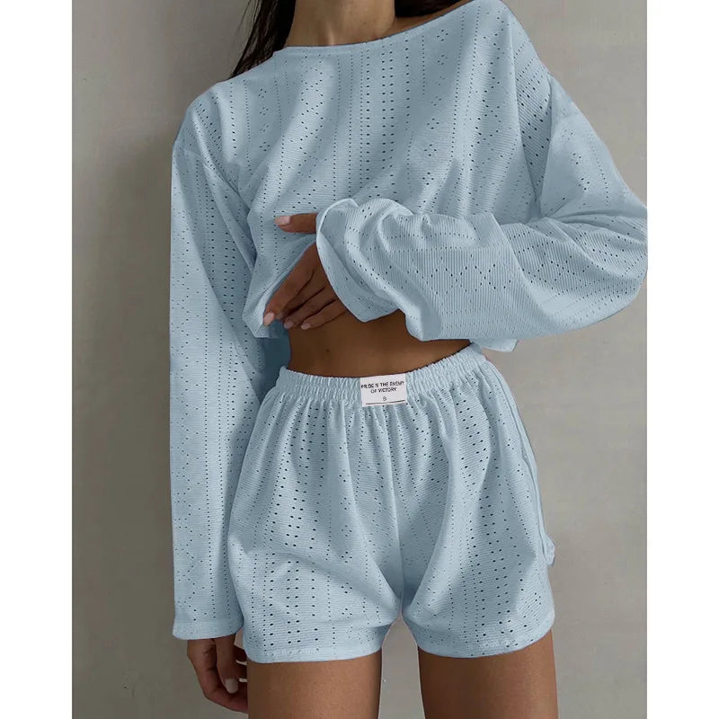 Women's Pajamas Set Spring Long Sleeve Tops With Shorts Sleepwear 2 Piece Set Loose Round Neck Home Wear Loungewear Pyjama Femme-Dollar Bargains Online Shopping Australia