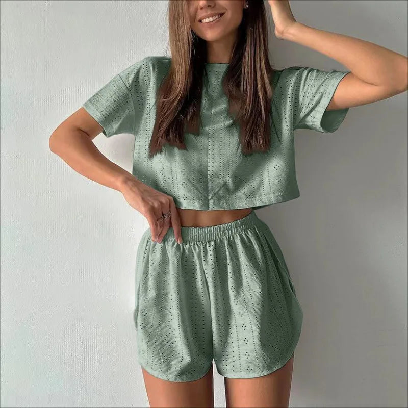 Women's Pajamas Set Spring Long Sleeve Tops With Shorts Sleepwear 2 Piece Set Loose Round Neck Home Wear Loungewear Pyjama Femme-Dollar Bargains Online Shopping Australia