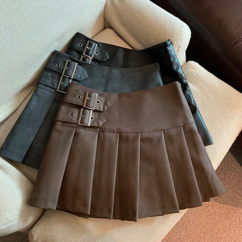 Y2K Pu Leather Mini Skirt Women Vintage High Waist Pleated Skirts Streetwear Korean Black Slim Casual A Line Skirts-Dollar Bargains Online Shopping Australia