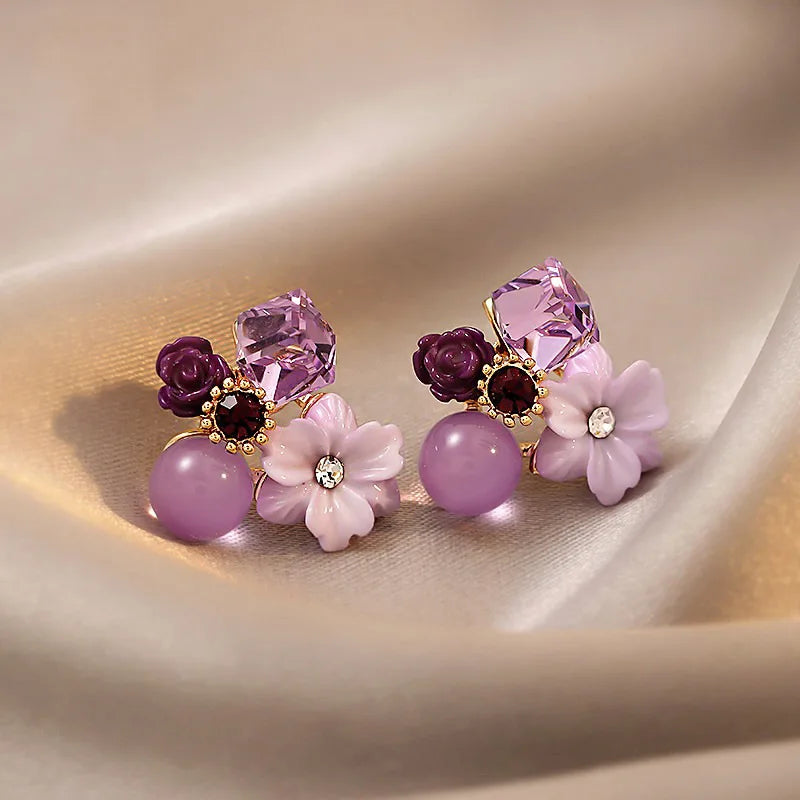 Purple Crystal Flower Earrings for Women with Gentle Temperament Wedding Party Anniversary Gift Jewelry-Dollar Bargains Online Shopping Australia