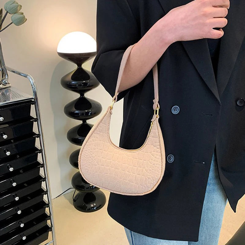 Fashion Simple Moon Shape Underarm Bags Cute Women Female Crocodile Grain Shoulder Bag Felt Purses Handbags Trend Accessories-Dollar Bargains Online Shopping Australia