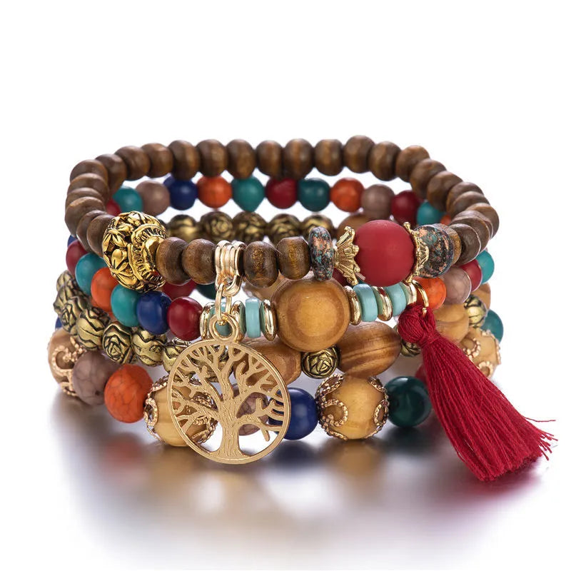 4Pcs Bohemia Tree Of Life Charm Beaded Bracelet Set For Women Handmade Wood Beads Chain Bangle Female Boho Jewelry-Dollar Bargains Online Shopping Australia