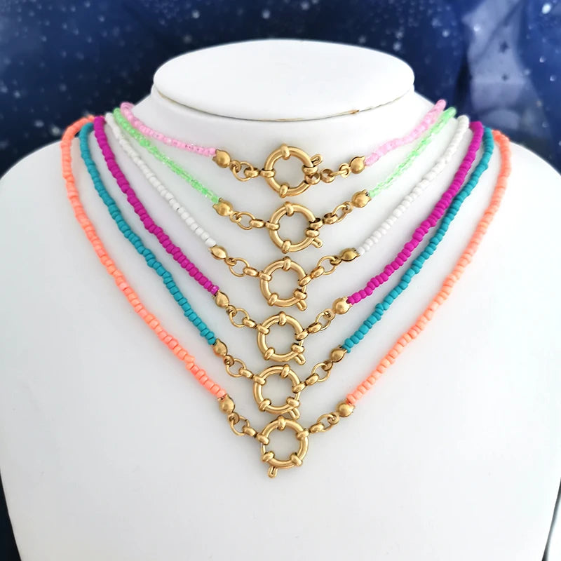 Imitation Pearl Necklace Women Choker Seed Beads Rainbow Stainless Steel Clasp Sailor Buckle Base Chain Gold Color Boho-Dollar Bargains Online Shopping Australia