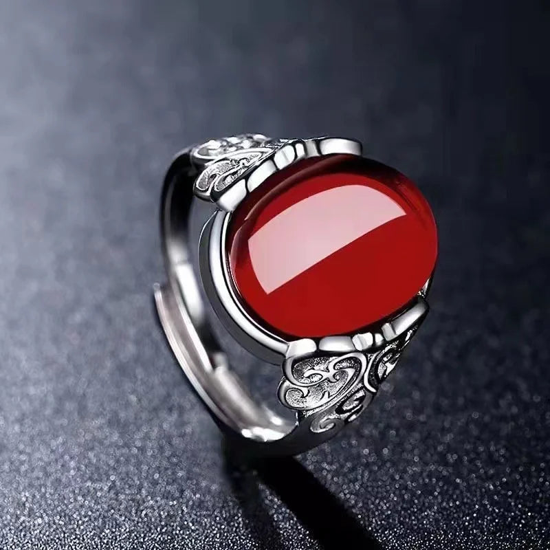 Red Agate Chalcedony Ancient Silver Color Open Ring Female Crown Rhinestone Ring Hollow Butterfly Adjustable-Dollar Bargains Online Shopping Australia